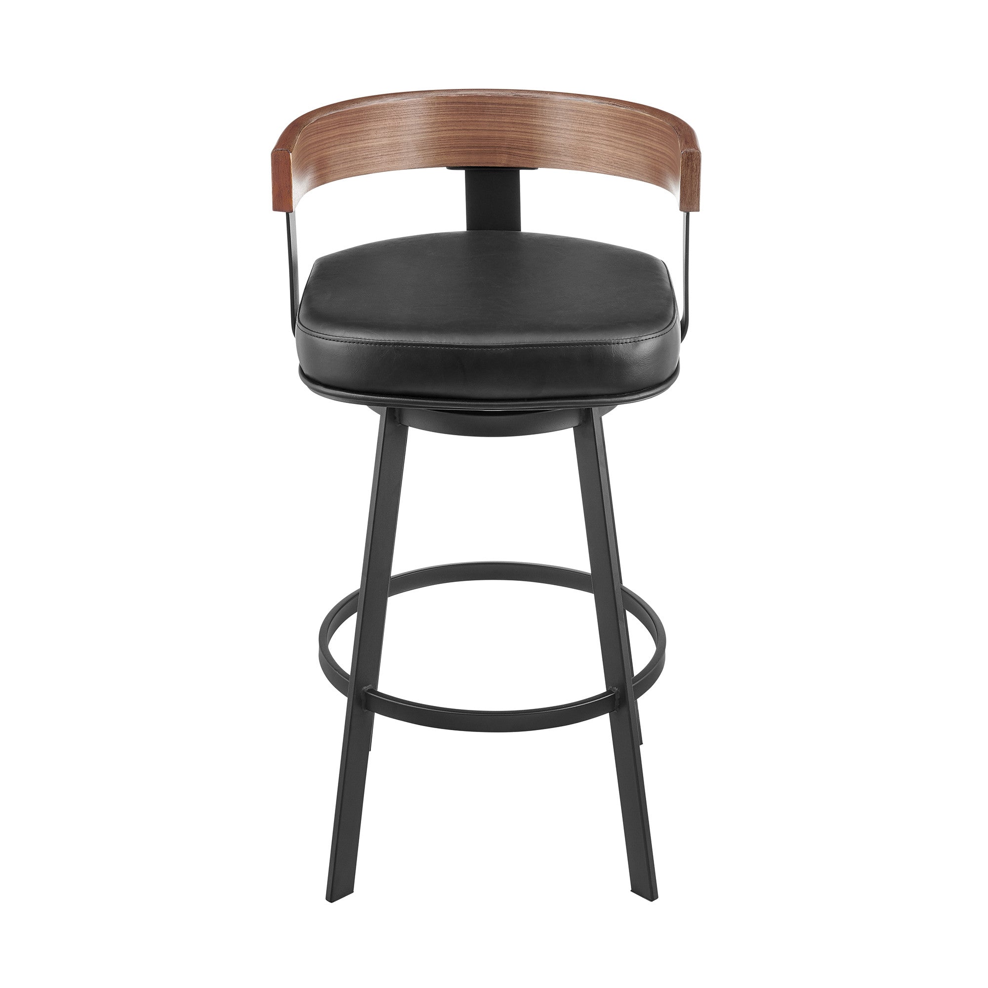 26" Black Faux Leather And Iron Low Back Counter Height Swivel Bar Chair