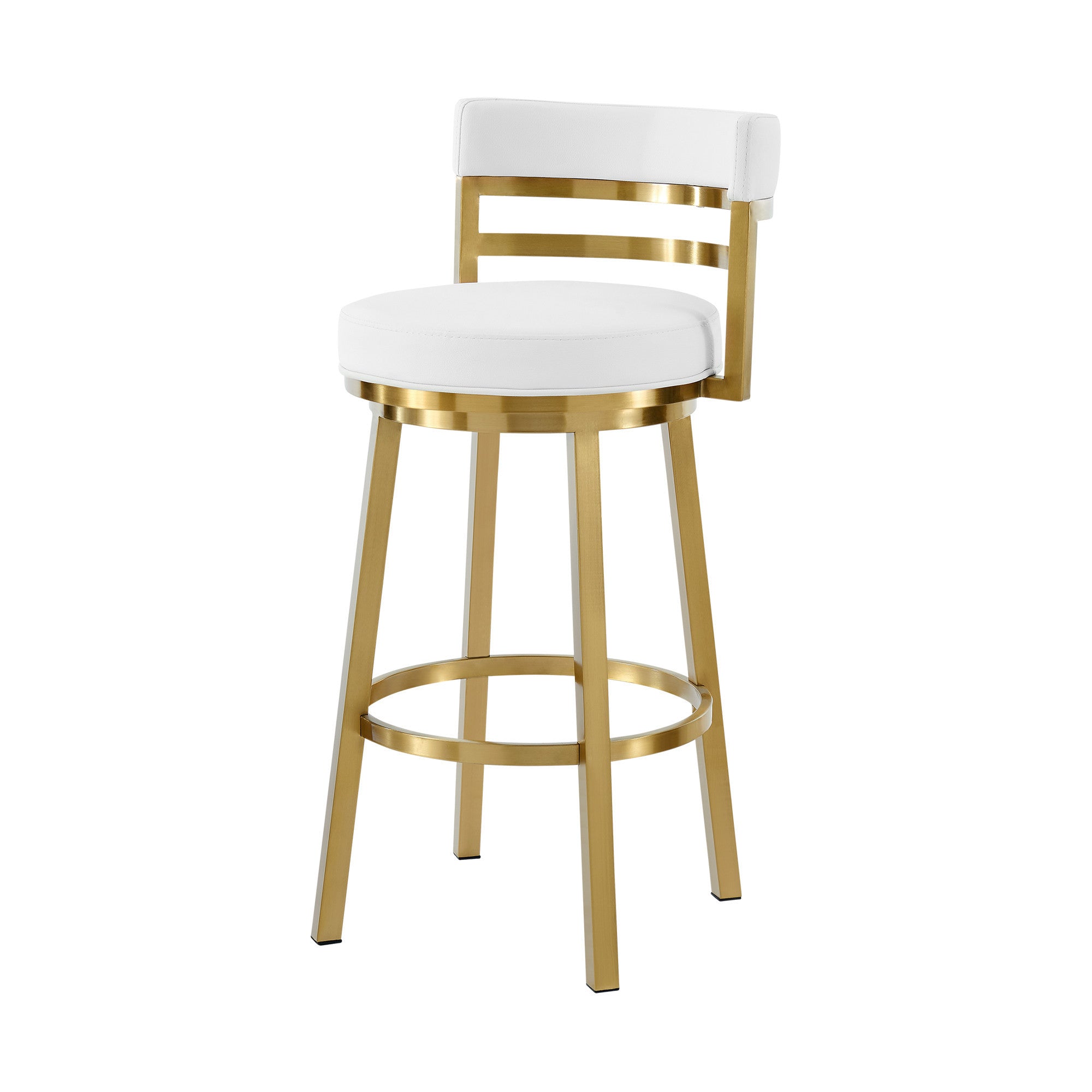 26" White And Gold Faux Leather And Steel Low Back Counter Height Swivel Bar Chair