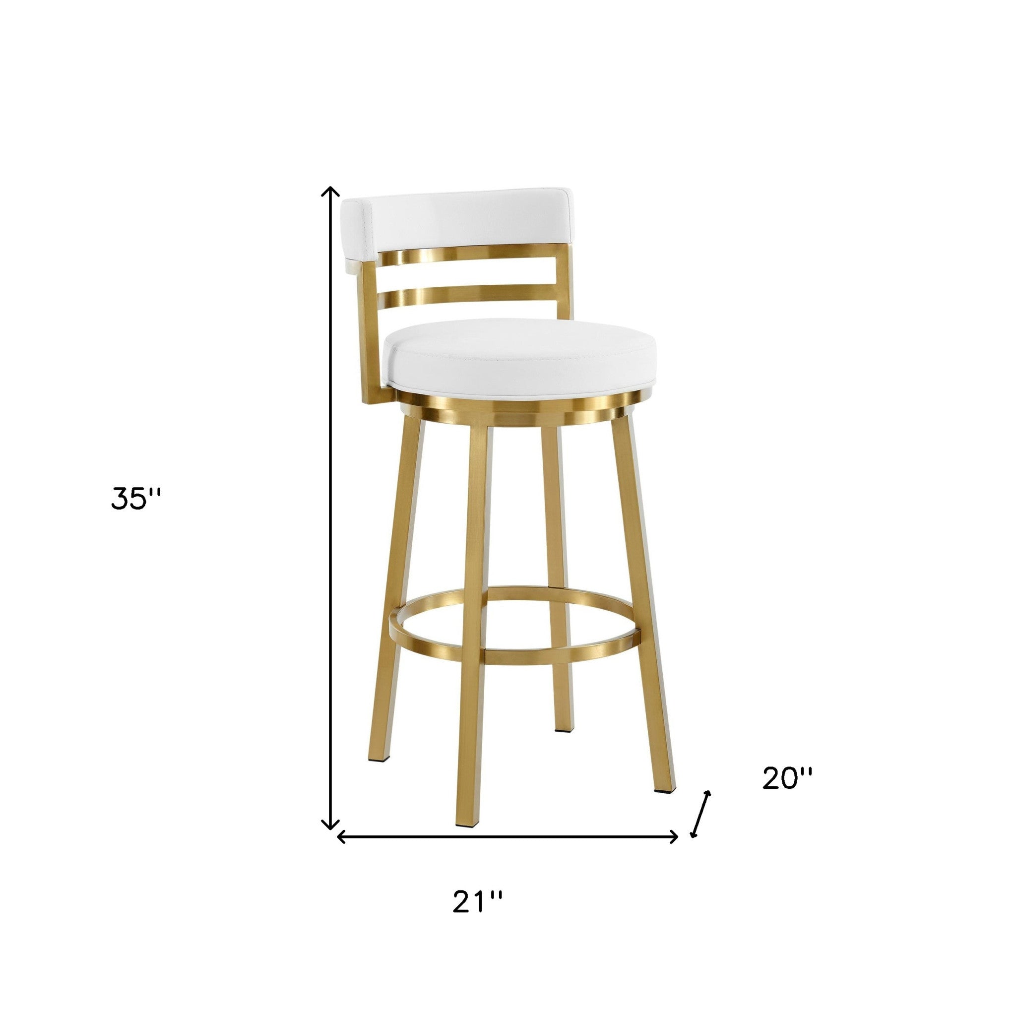 26" White And Gold Faux Leather And Steel Low Back Counter Height Swivel Bar Chair