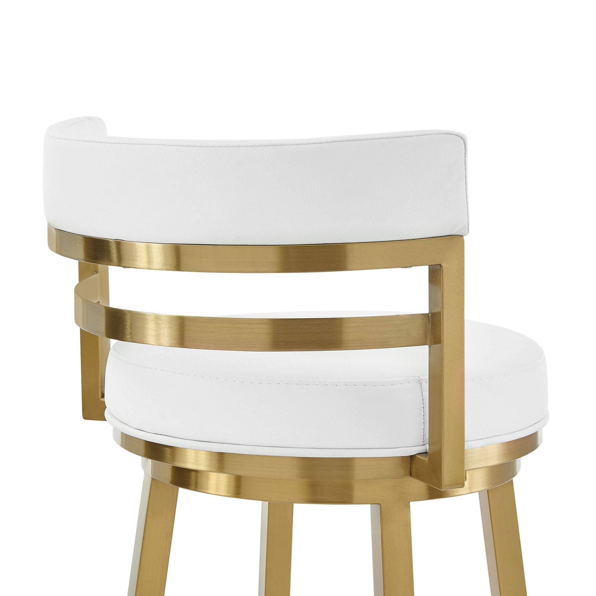 26" White And Gold Faux Leather And Steel Low Back Counter Height Swivel Bar Chair