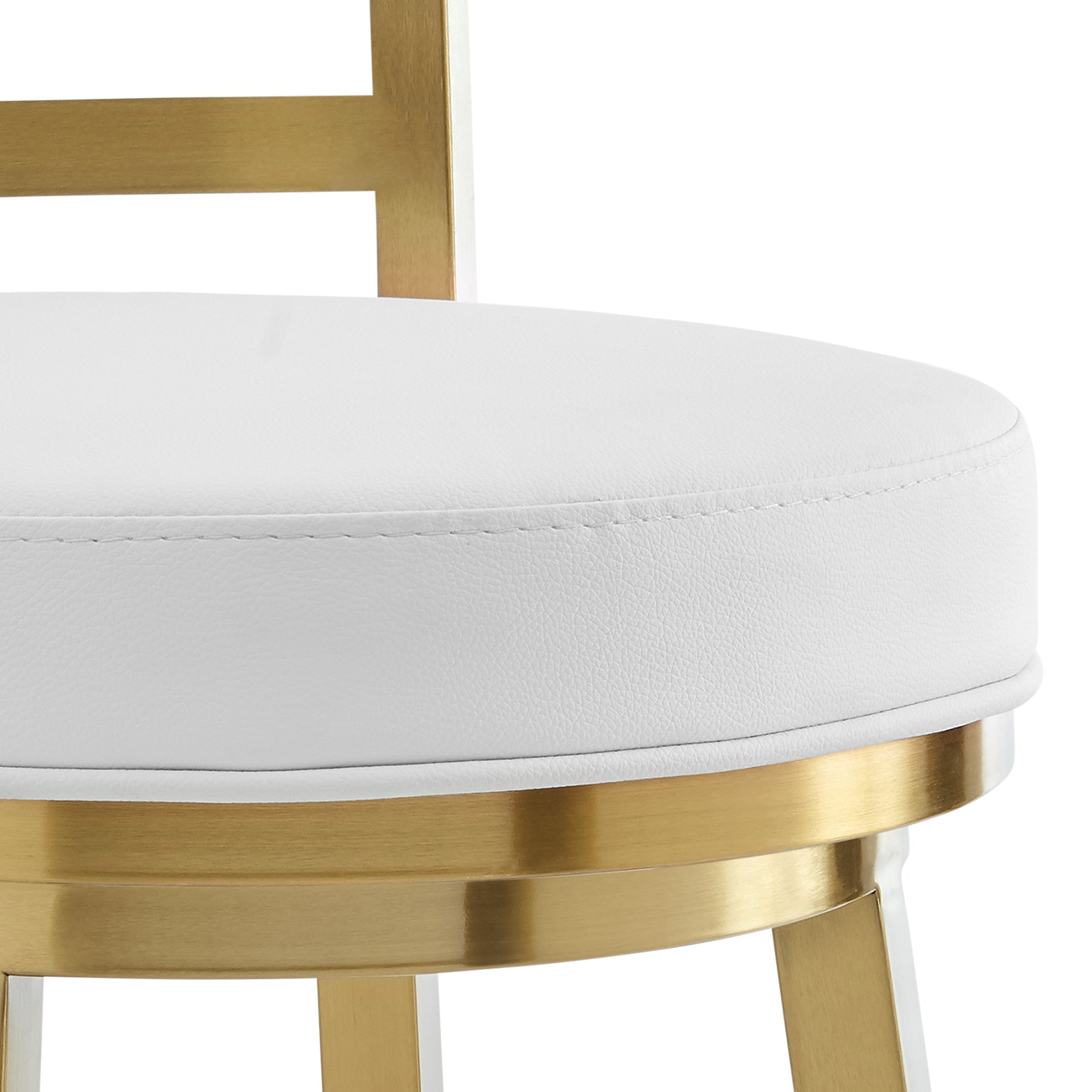 26" White And Gold Faux Leather And Steel Low Back Counter Height Swivel Bar Chair