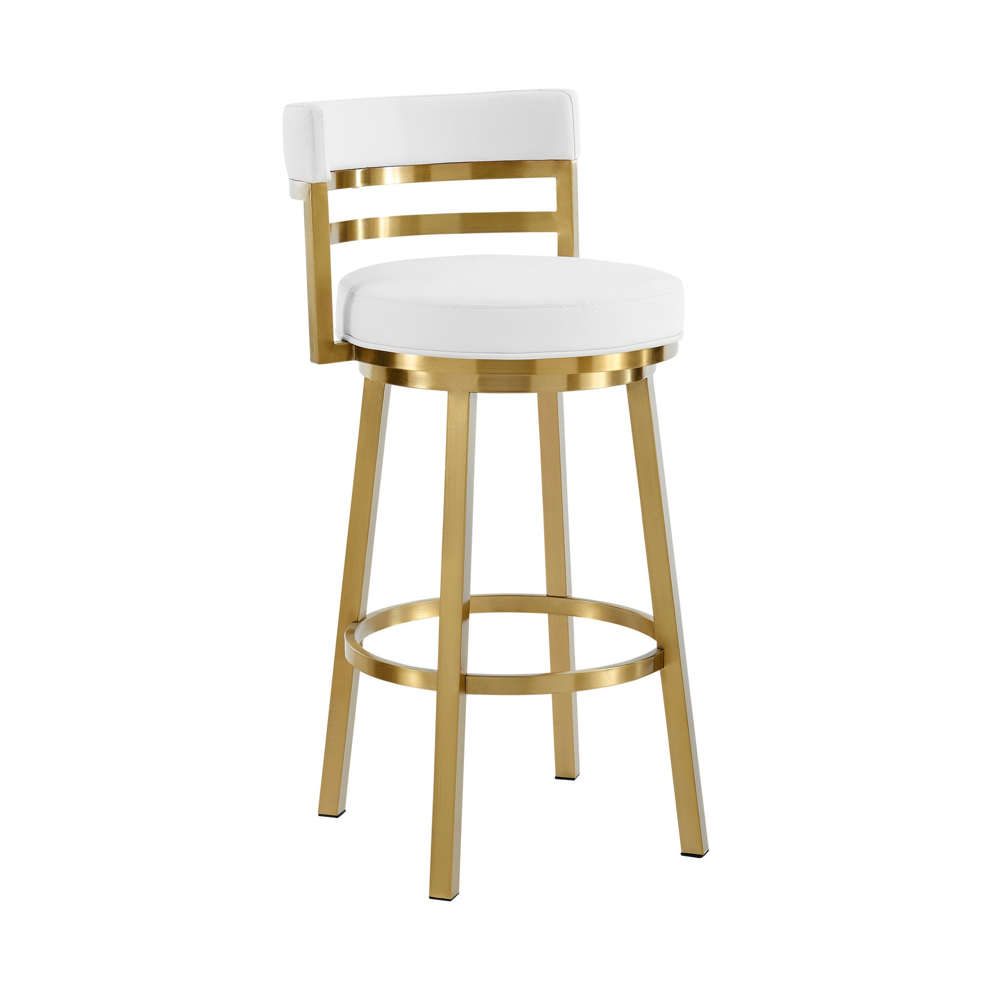 30" White And Gold Faux Leather And Steel Low Back Bar Height Swivel Bar Chair