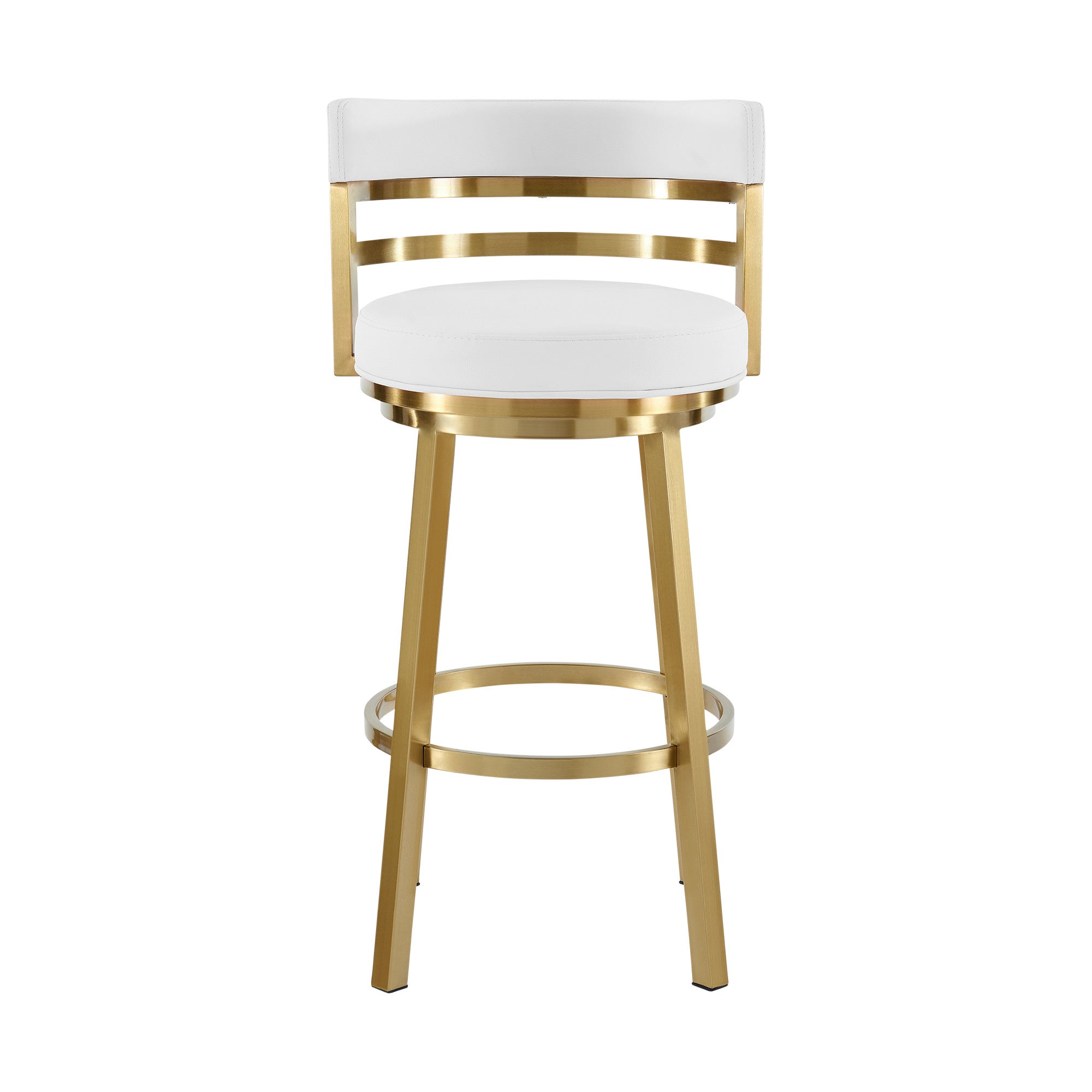 30" White And Gold Faux Leather And Steel Low Back Bar Height Swivel Bar Chair