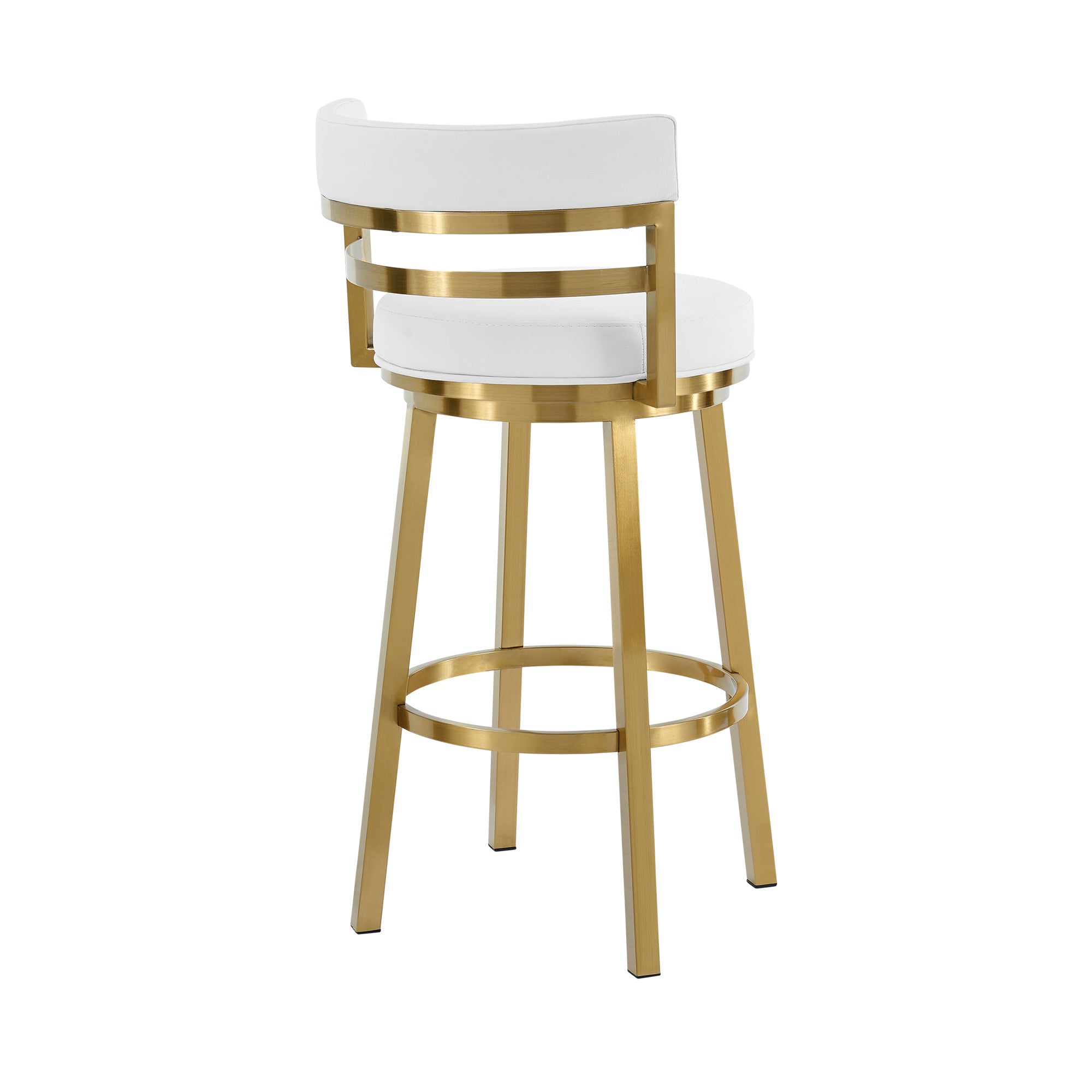 30" White And Gold Faux Leather And Steel Low Back Bar Height Swivel Bar Chair