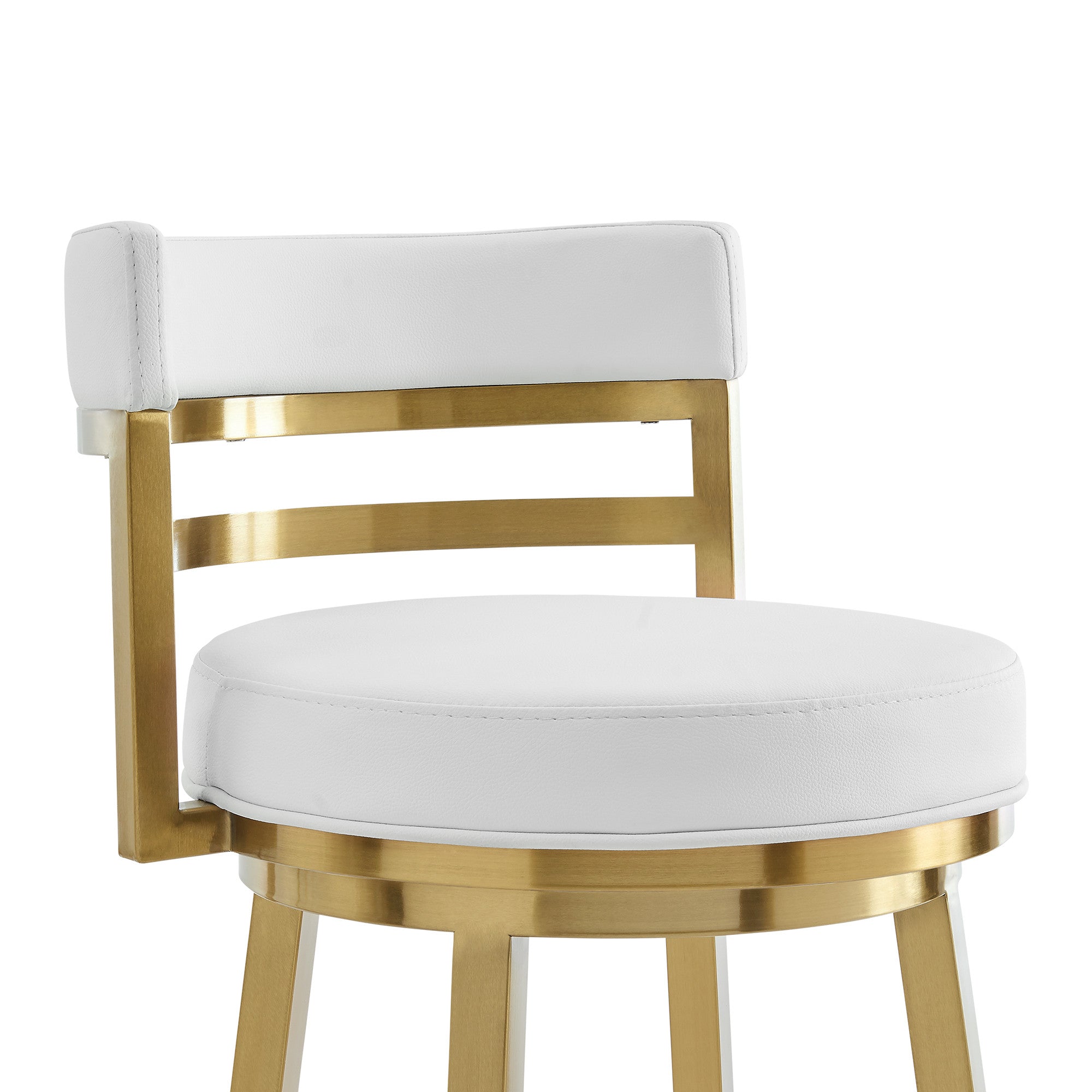 30" White And Gold Faux Leather And Steel Low Back Bar Height Swivel Bar Chair