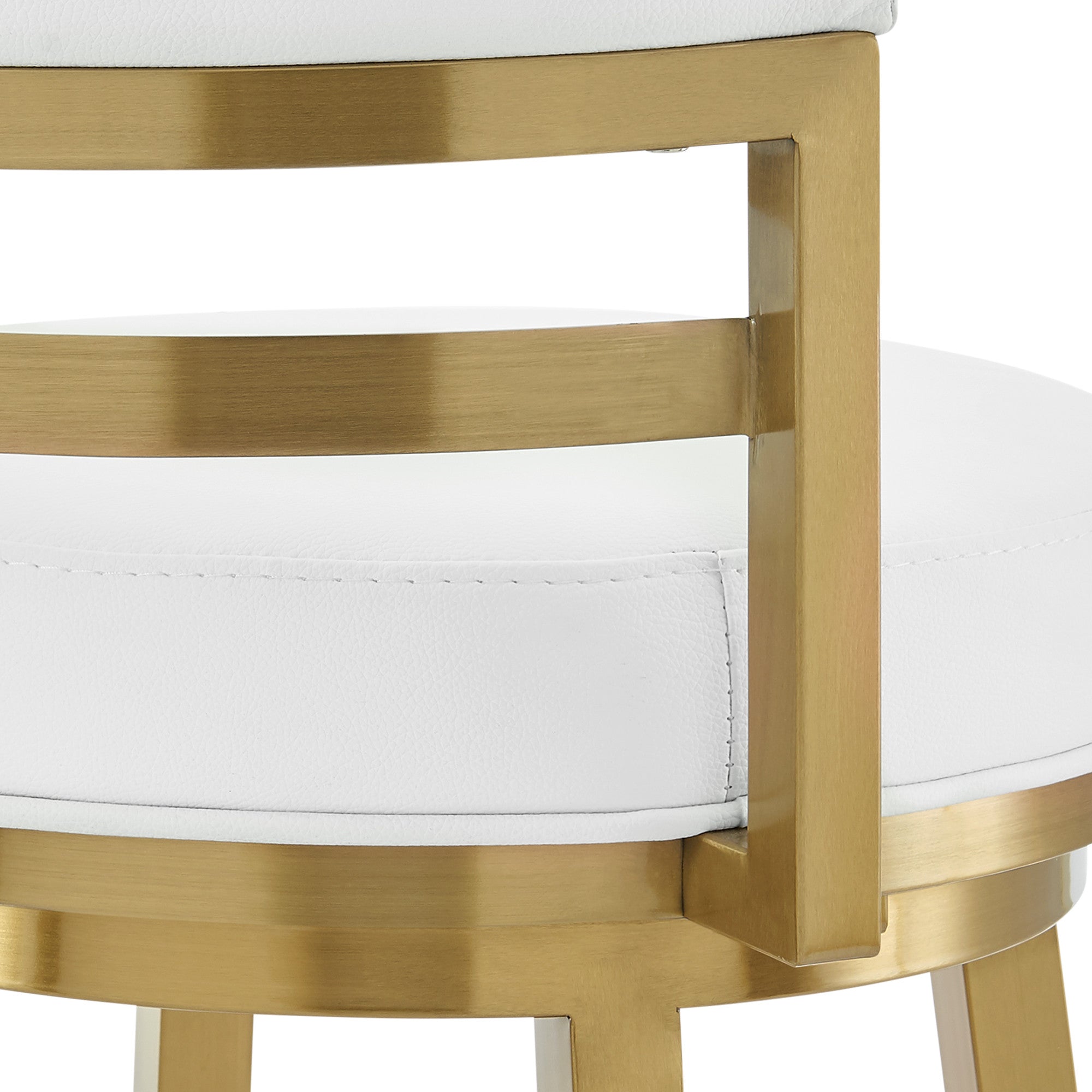 30" White And Gold Faux Leather And Steel Low Back Bar Height Swivel Bar Chair