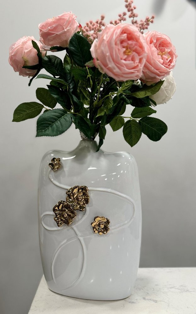 14" White Floral Ceramic Table Vase With Sculptural Details