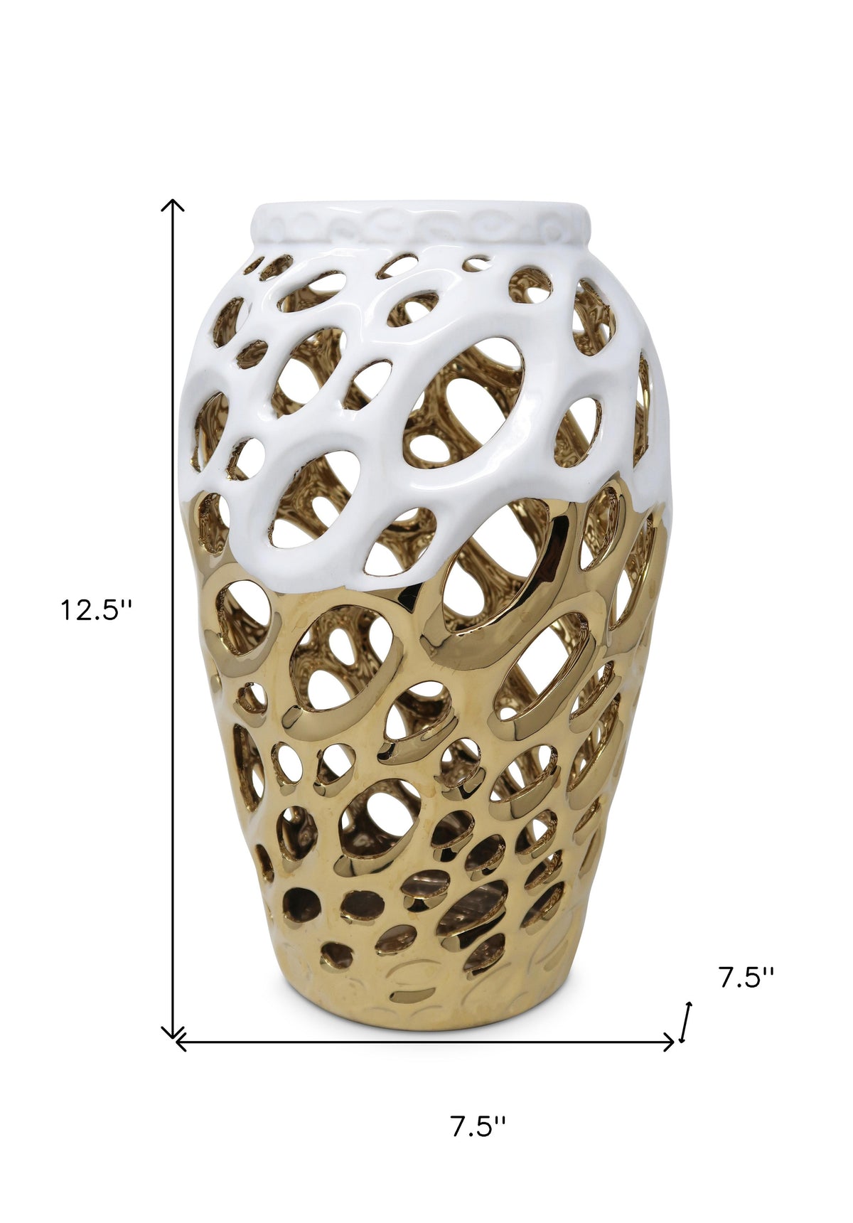 13" Gold And White Pierced Urn Porcelain Table Vase With Sculptural Details