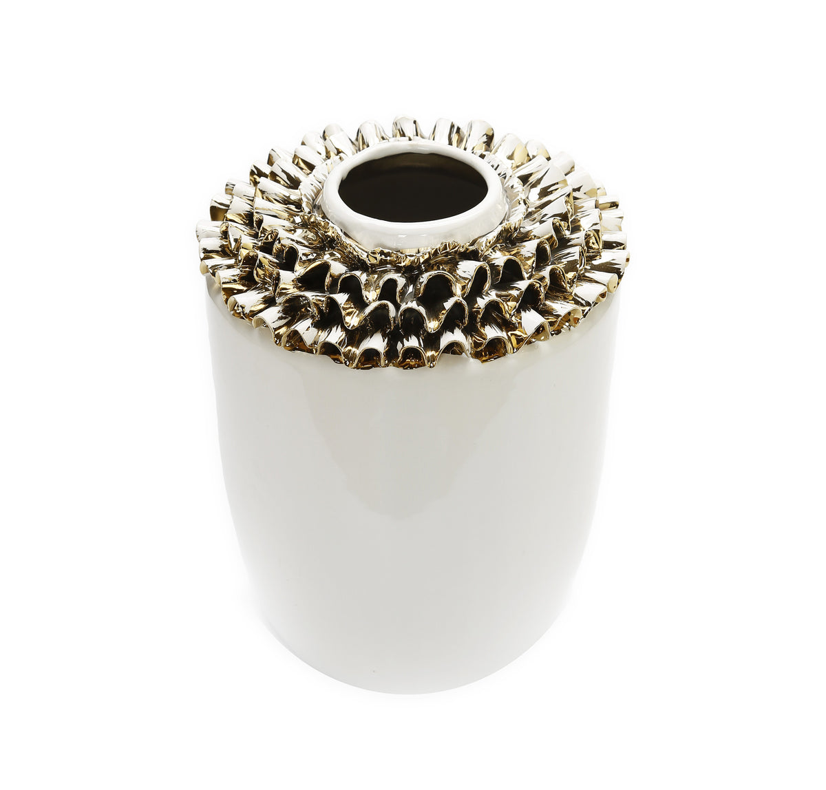 10" White Round Ceramic Table Vase With Sculptural Details