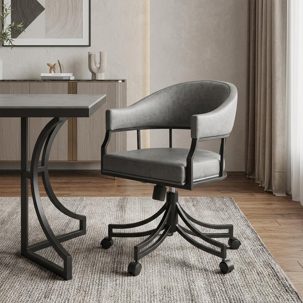 Gray And Black Upholstered Faux Leather Open Back Dining Arm Chair With Wheels