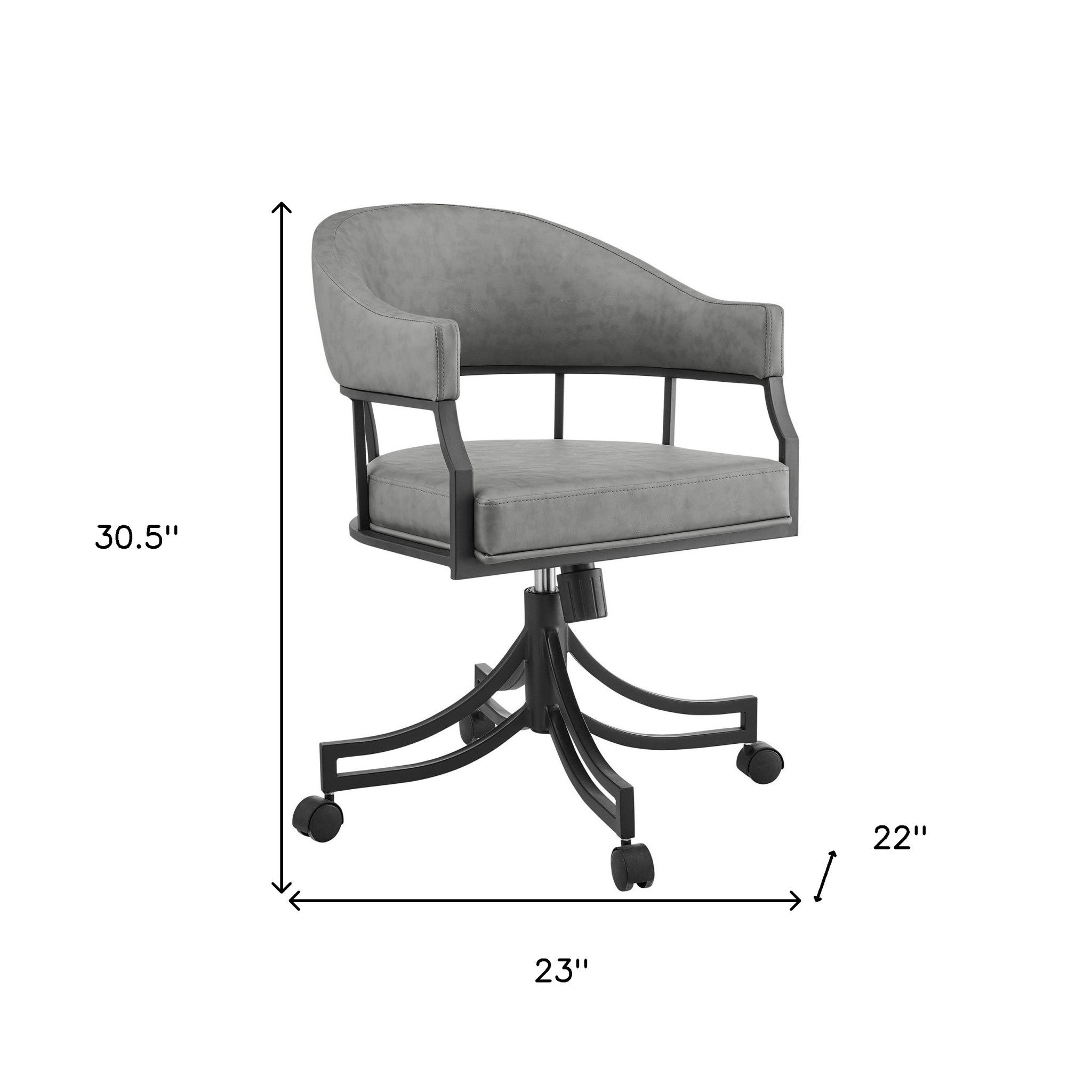 Gray And Black Upholstered Faux Leather Open Back Dining Arm Chair With Wheels