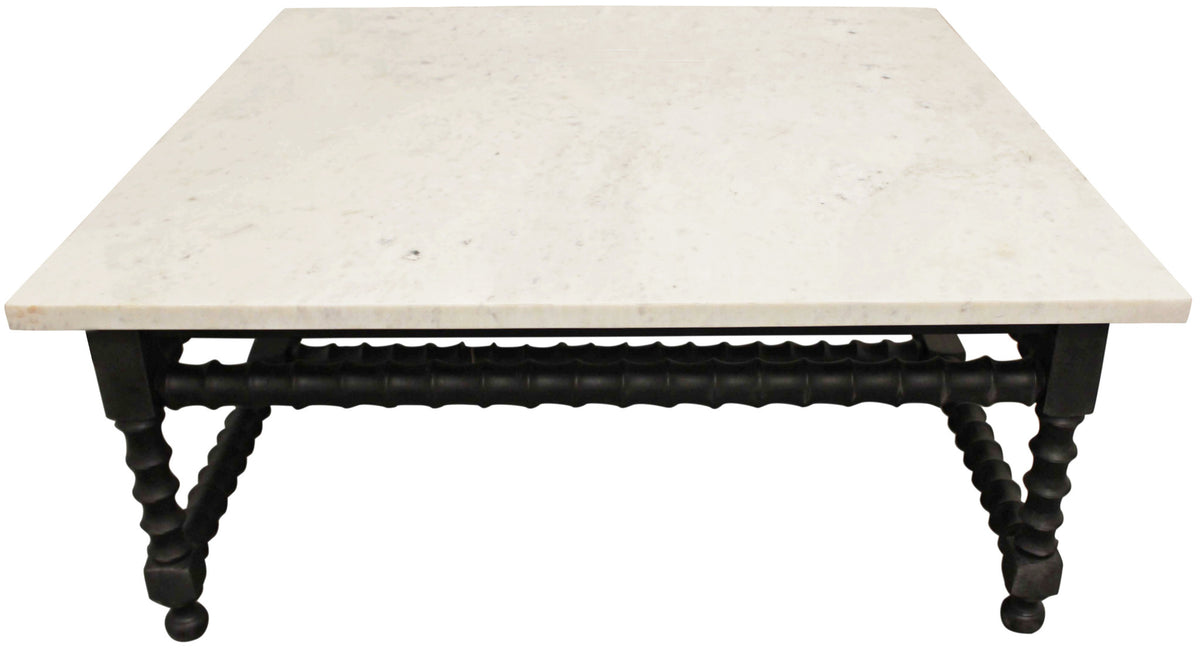 48" White And Black Genuine Marble And Solid Wood Square Coffee Table