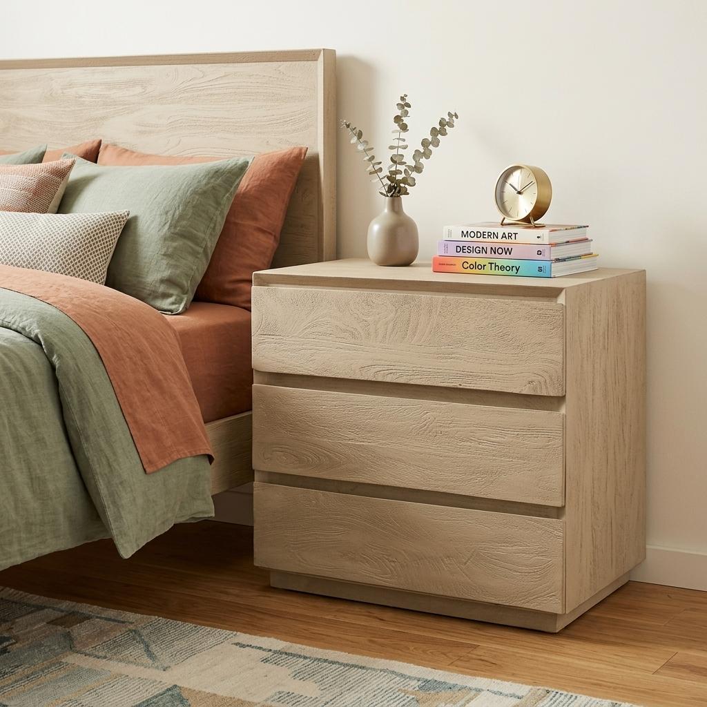 24" Natural Solid Wood Three Drawer Nightstand