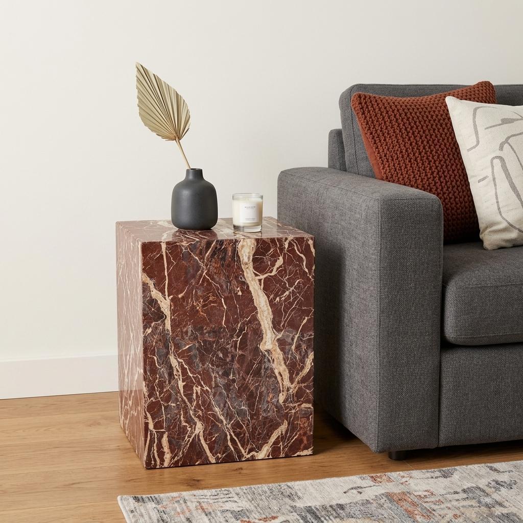 20" Red Marble Square Block End Table