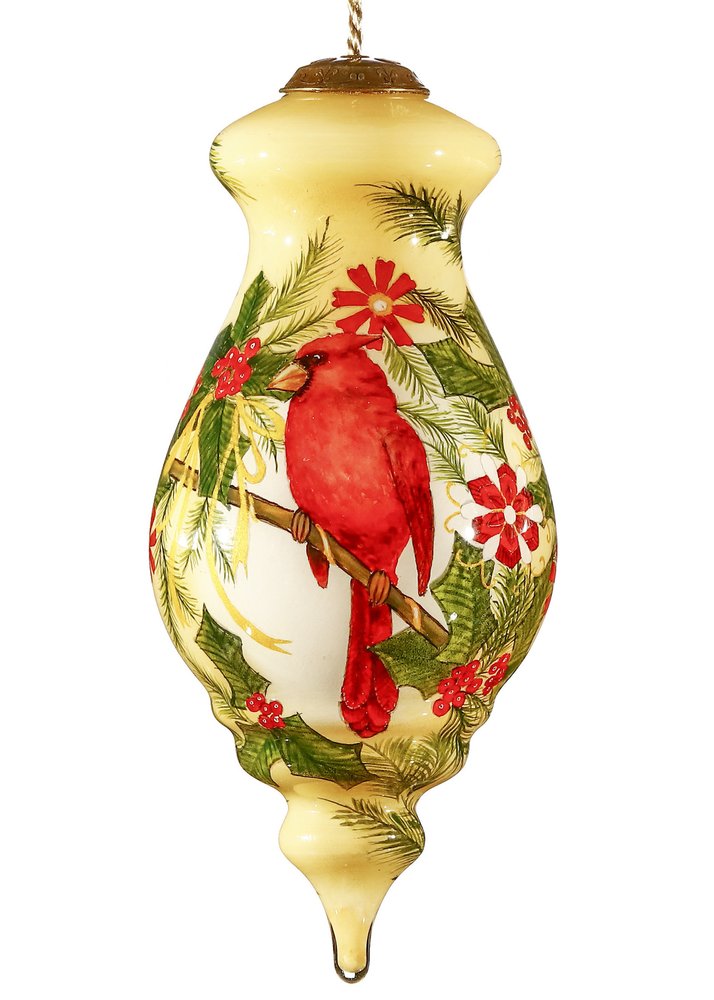Merry Christmas Cardinal Christmas Hand Painted Red Green And Cream Glass Finial Ornament