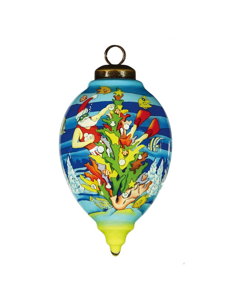 Christmas Santa Under The Sea Hand Painted Yellow Blue And Red Glass Finial Ornament