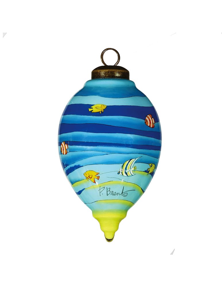 Christmas Santa Under The Sea Hand Painted Yellow Blue And Red Glass Finial Ornament