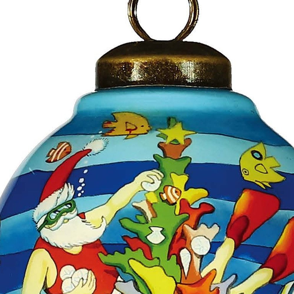 Christmas Santa Under The Sea Hand Painted Yellow Blue And Red Glass Finial Ornament