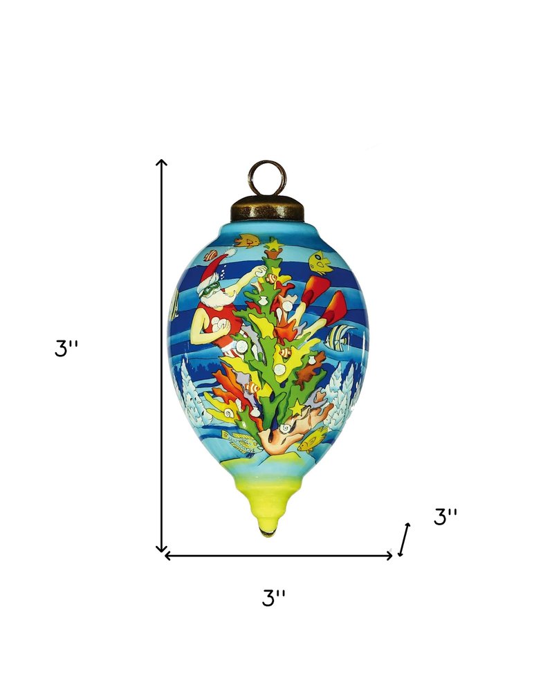 Christmas Santa Under The Sea Hand Painted Yellow Blue And Red Glass Finial Ornament