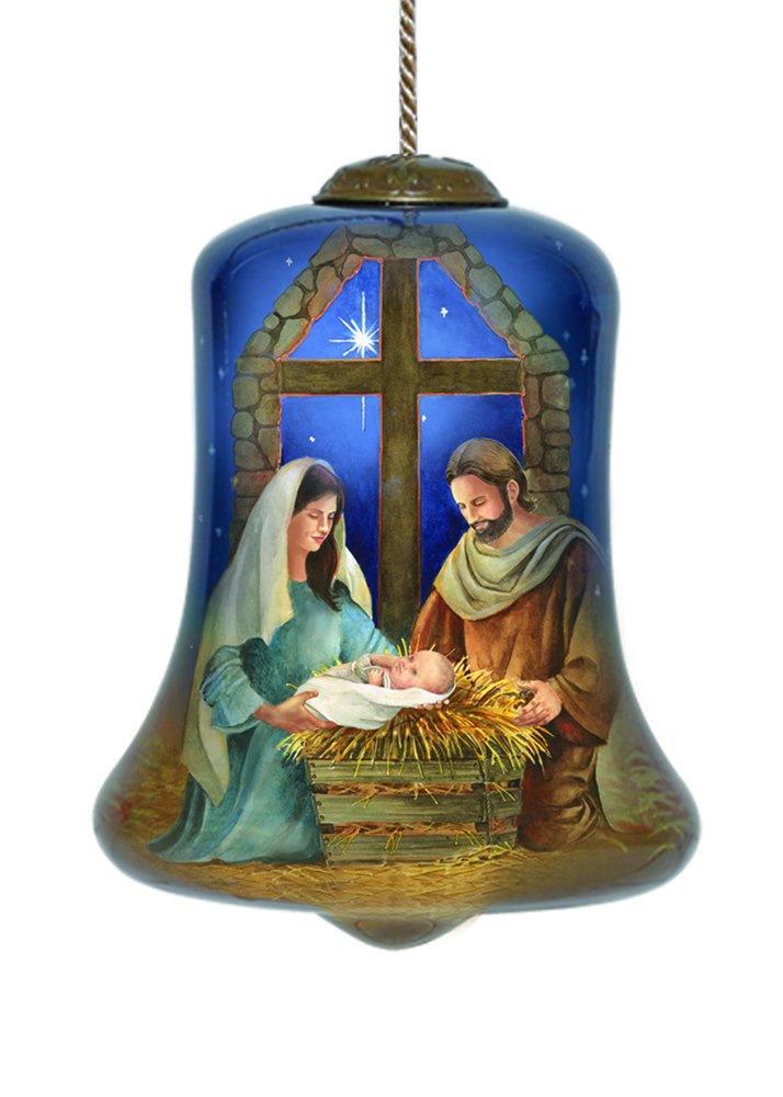 Chrild is Born Hand Painted Blue And Brown Glass Holiday Shaped Ornament