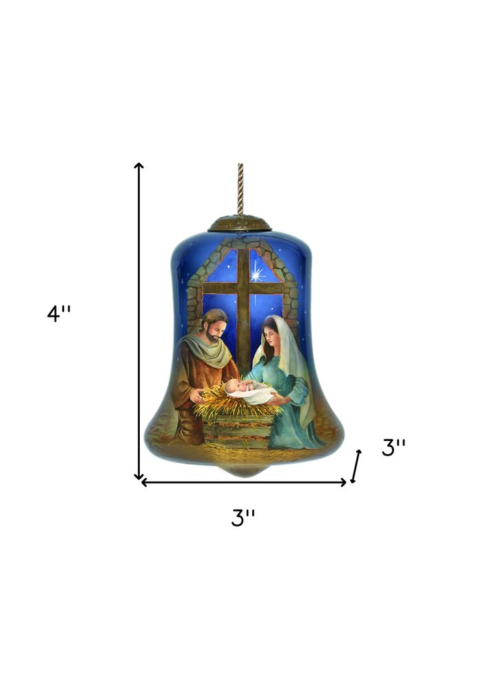 Chrild is Born Hand Painted Blue And Brown Glass Holiday Shaped Ornament