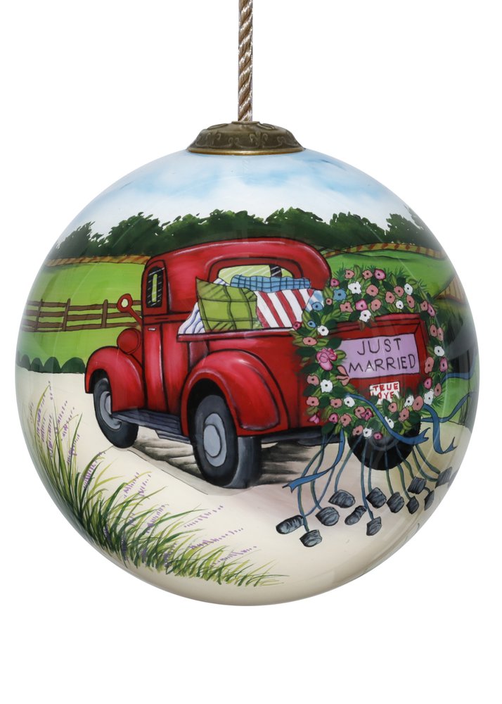 Just Married Hand Painted Red Green And White Glass Ball Ornament