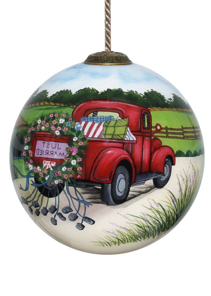 Just Married Hand Painted Red Green And White Glass Ball Ornament