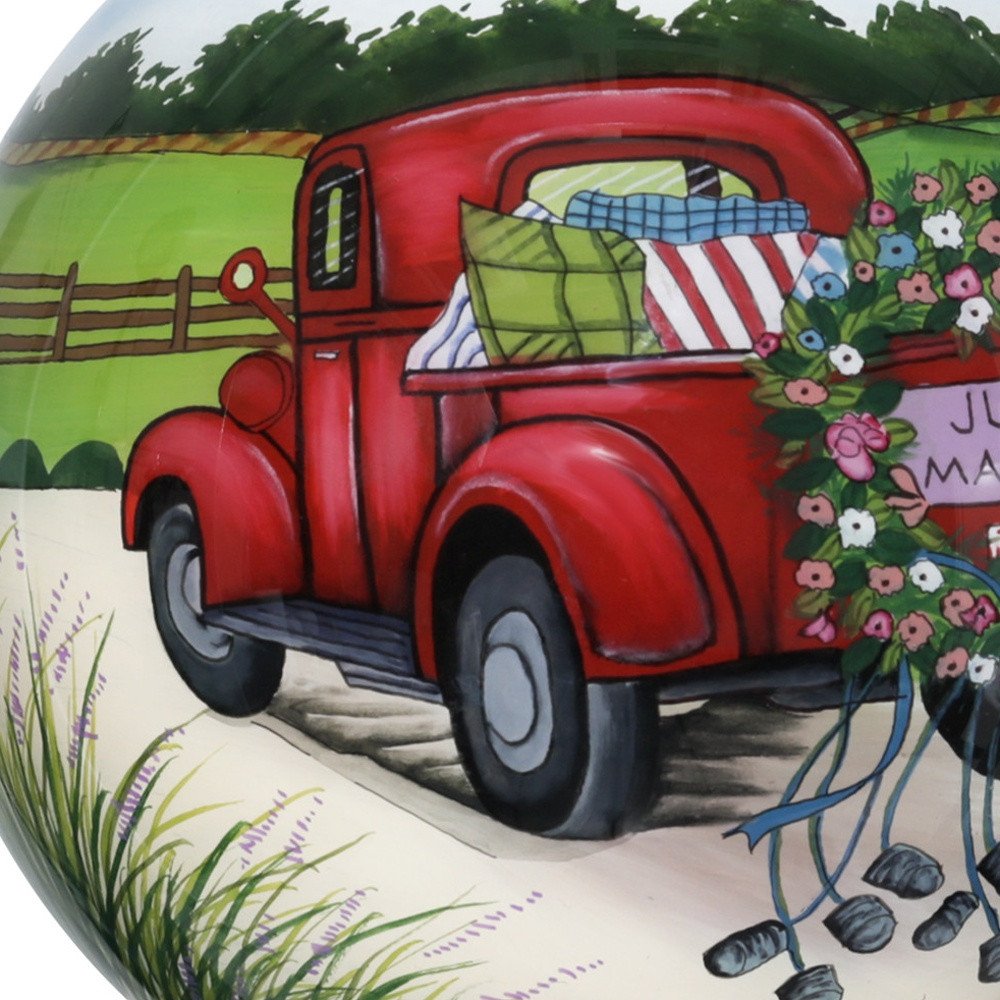Just Married Hand Painted Red Green And White Glass Ball Ornament