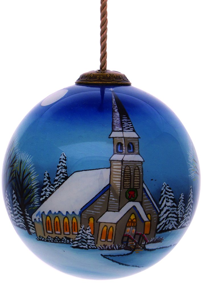 Snowy Church Christmas Hand Painted Blue And White Glass Ball Ornament