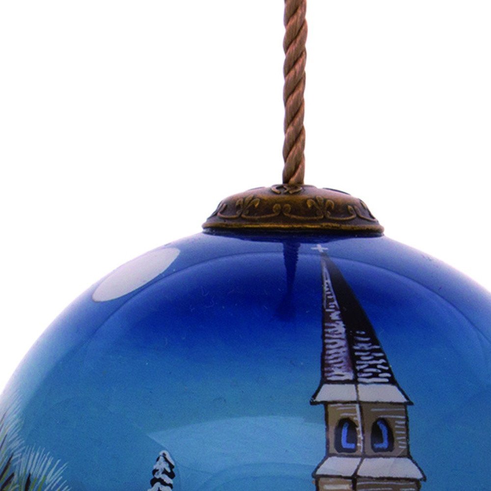 Snowy Church Christmas Hand Painted Blue And White Glass Ball Ornament
