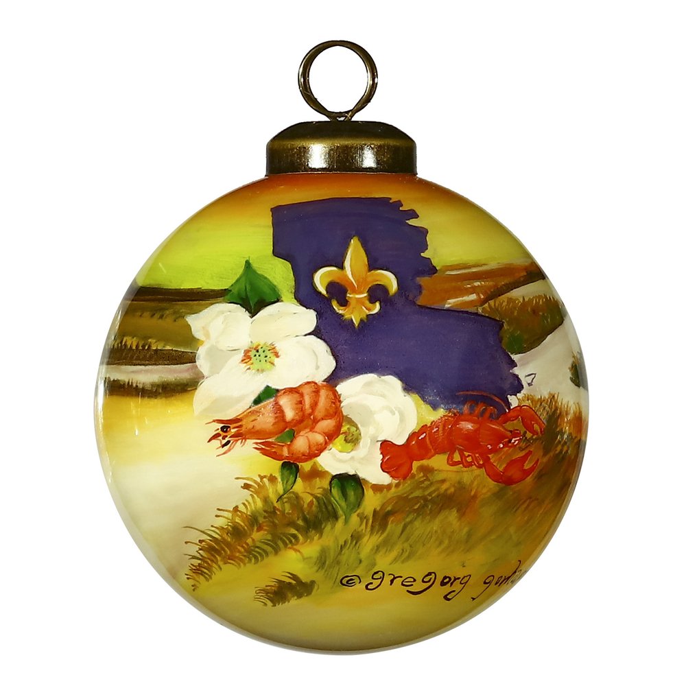 Louisiana Hand Painted Green Brown And Yellow Glass Ball Ornament
