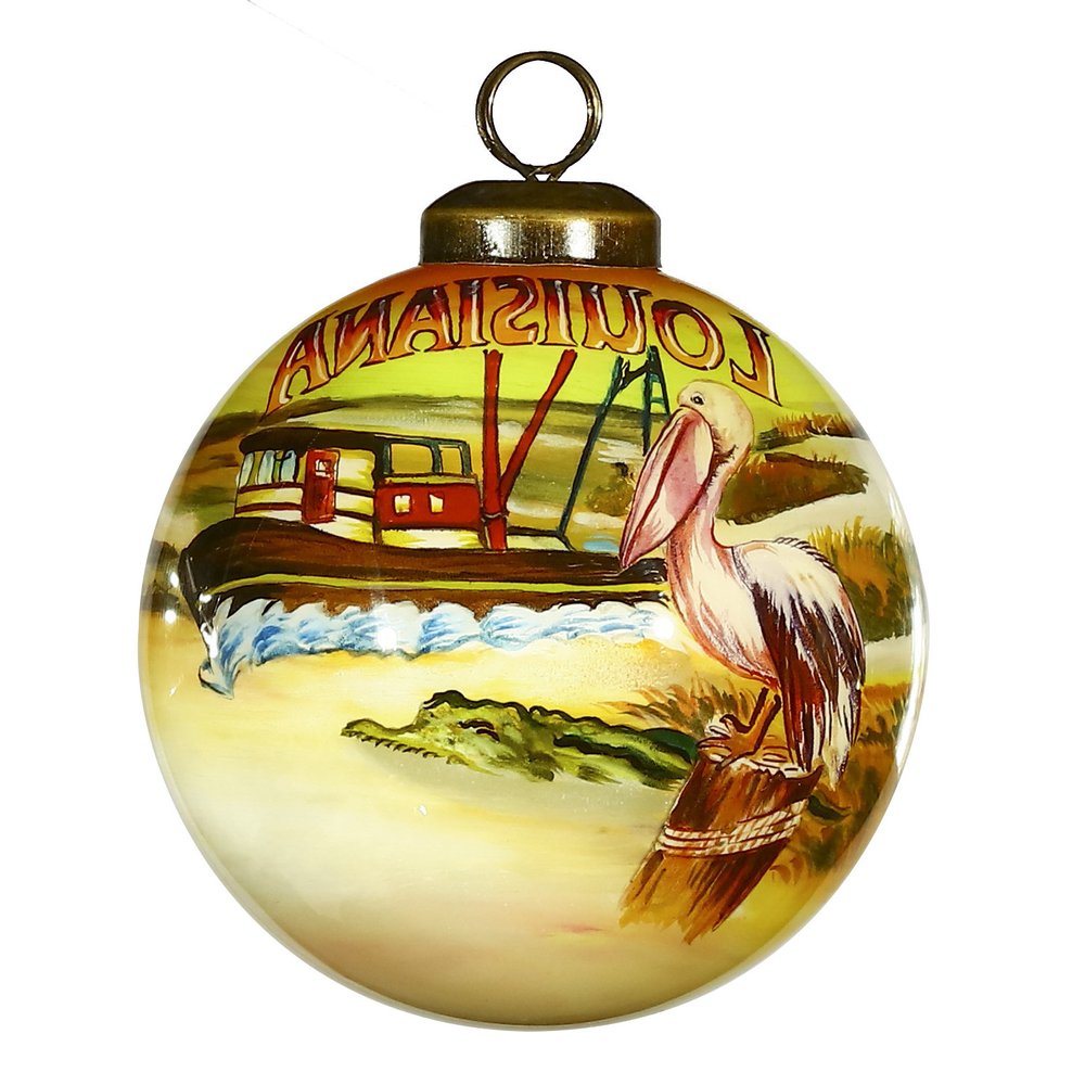 Louisiana Hand Painted Green Brown And Yellow Glass Ball Ornament