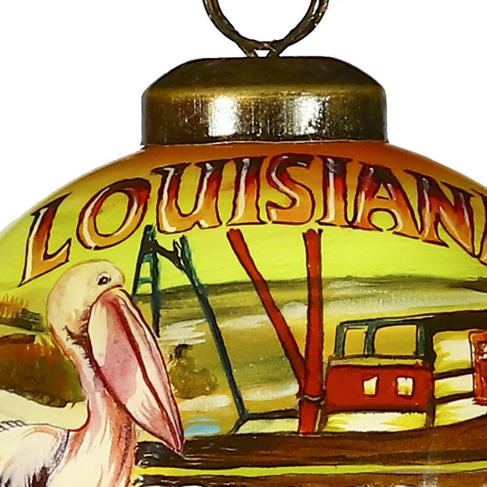 Louisiana Hand Painted Green Brown And Yellow Glass Ball Ornament