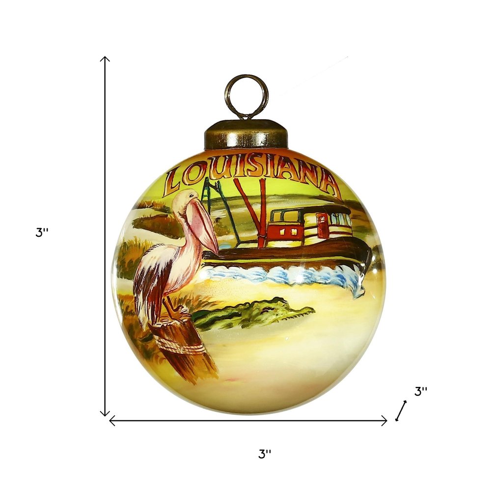 Louisiana Hand Painted Green Brown And Yellow Glass Ball Ornament