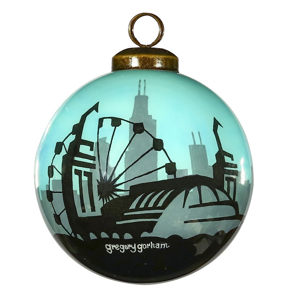 Chicago Hand Painted Black And Blue Glass Ball Ornament