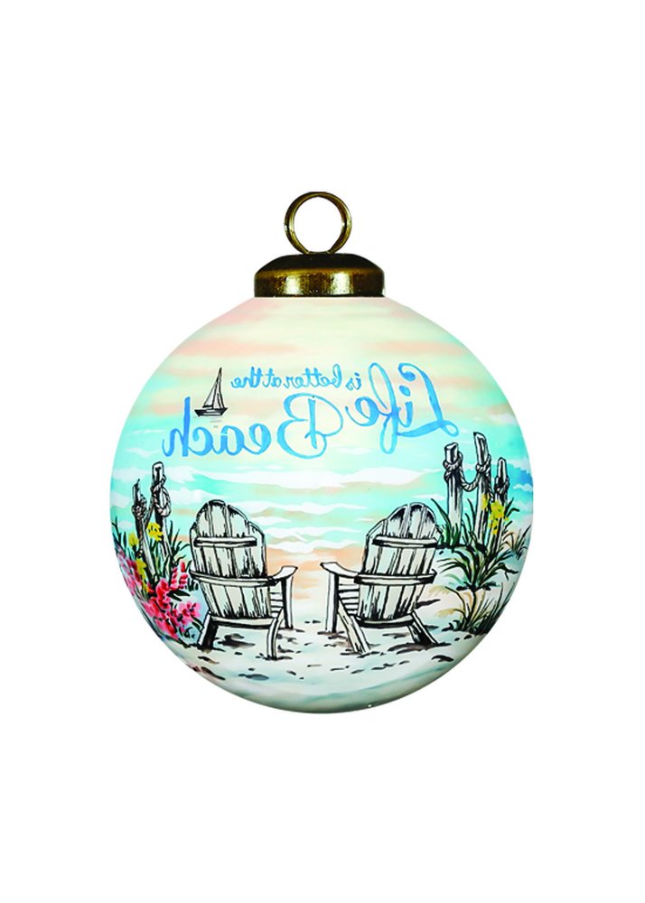 Life is better at the beach Hand Painted Blue Green And Black Glass Ball Ornament