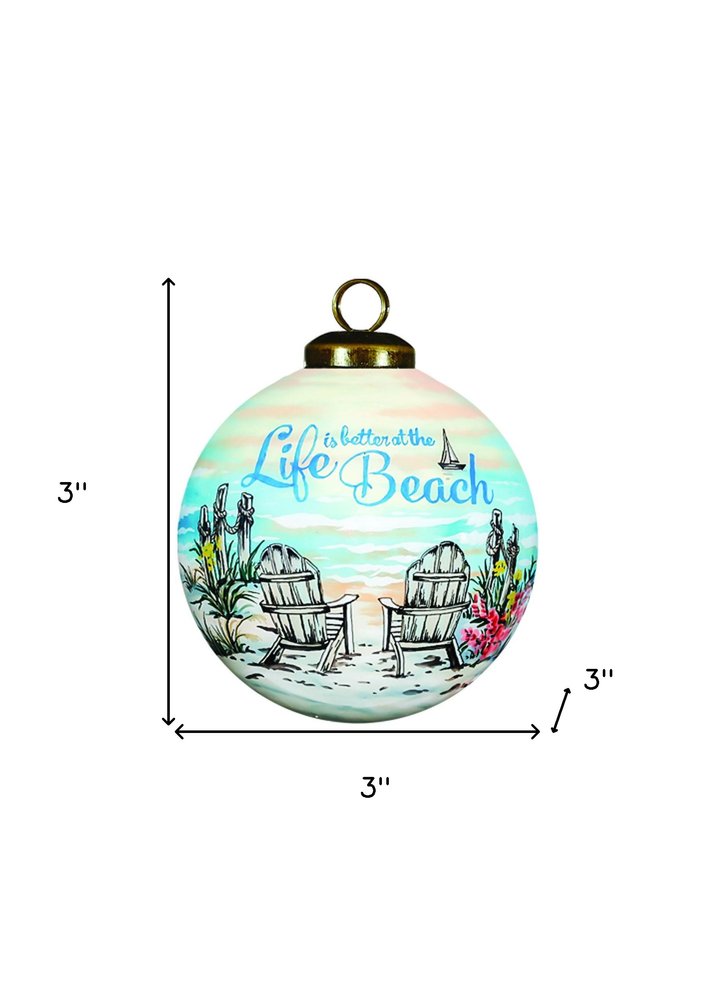 Life is better at the beach Hand Painted Blue Green And Black Glass Ball Ornament