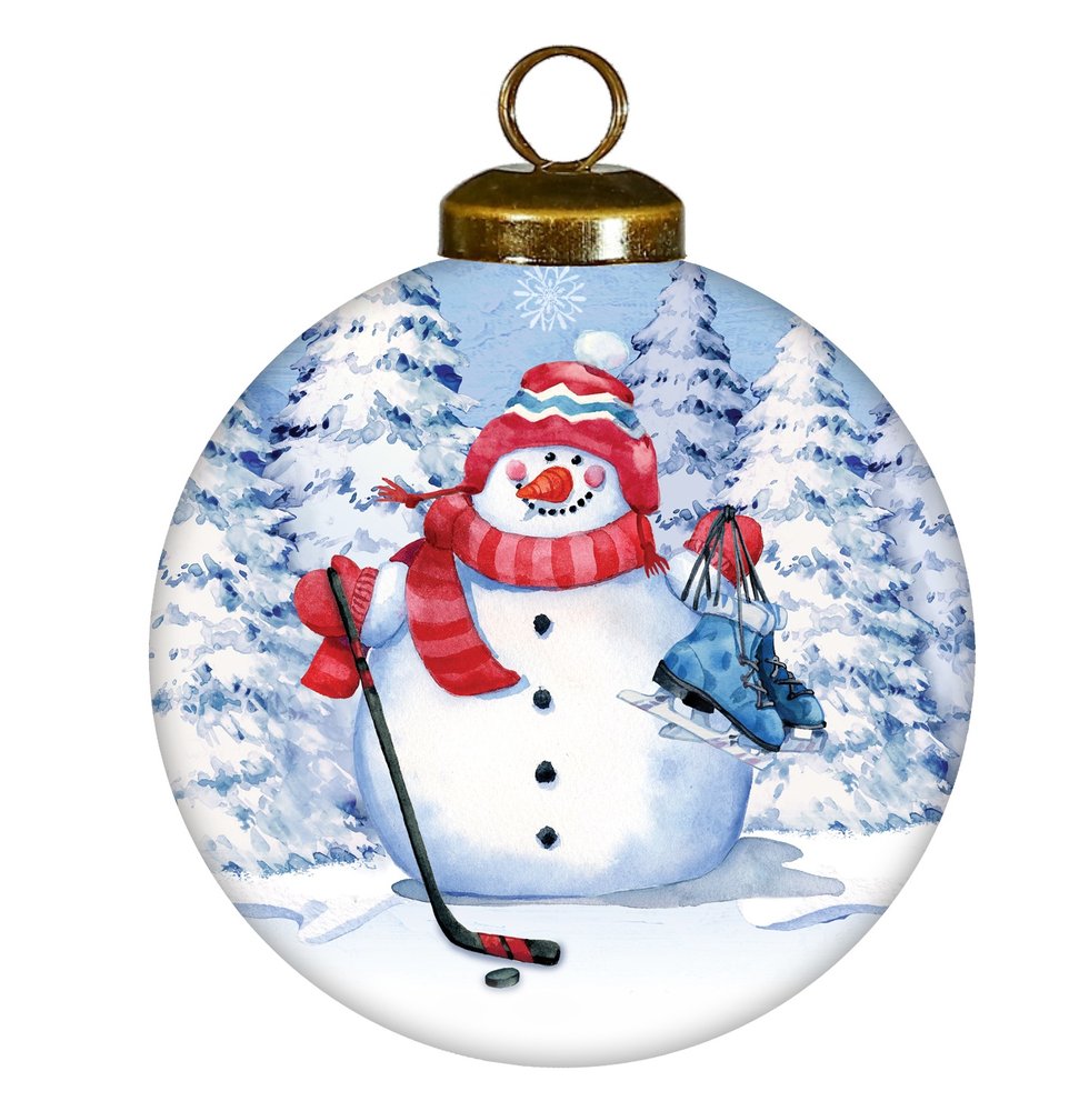 Hockey Snowman Hand Painted White Blue And Red Glass Ball Ornament