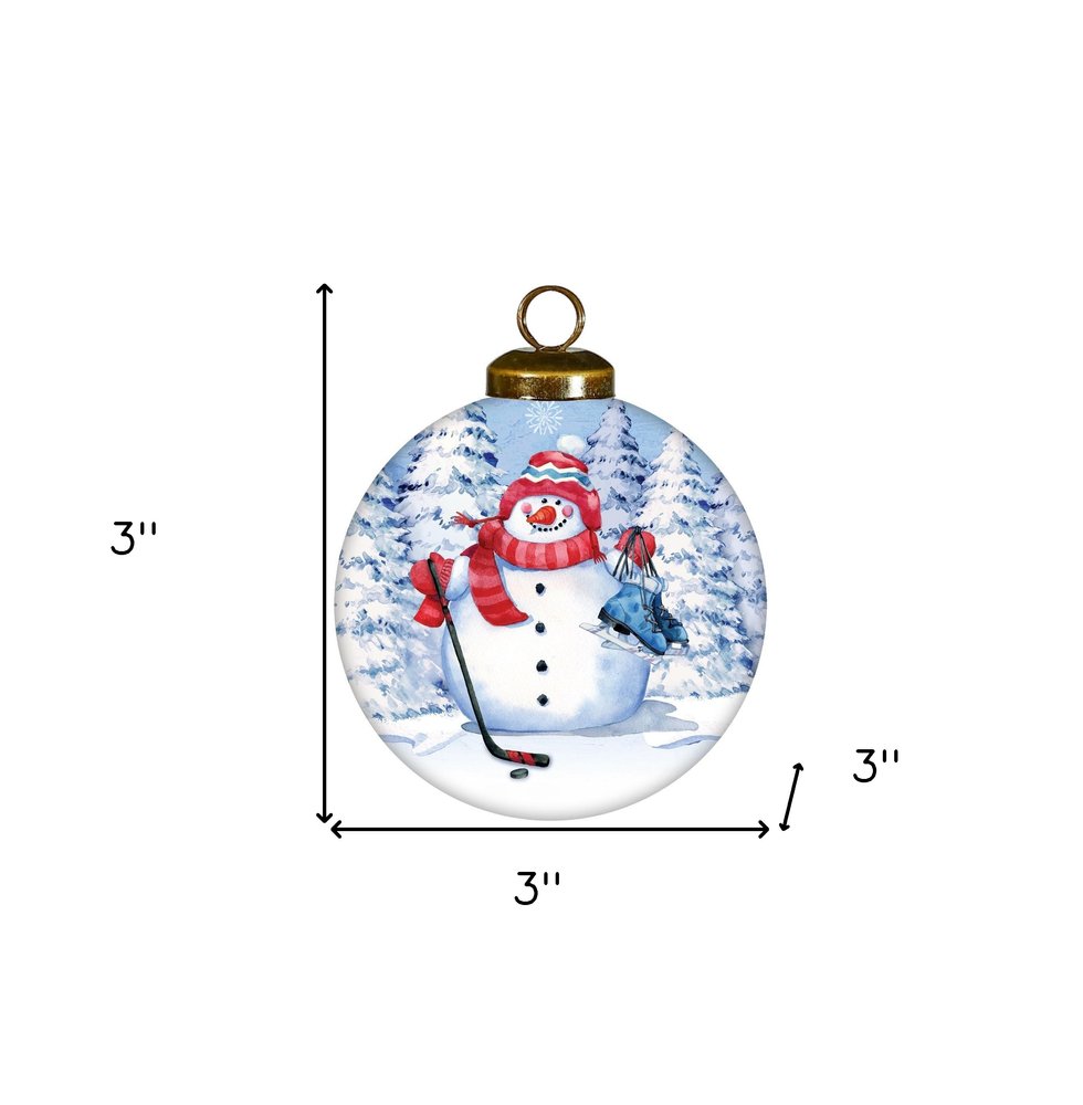 Hockey Snowman Hand Painted White Blue And Red Glass Ball Ornament