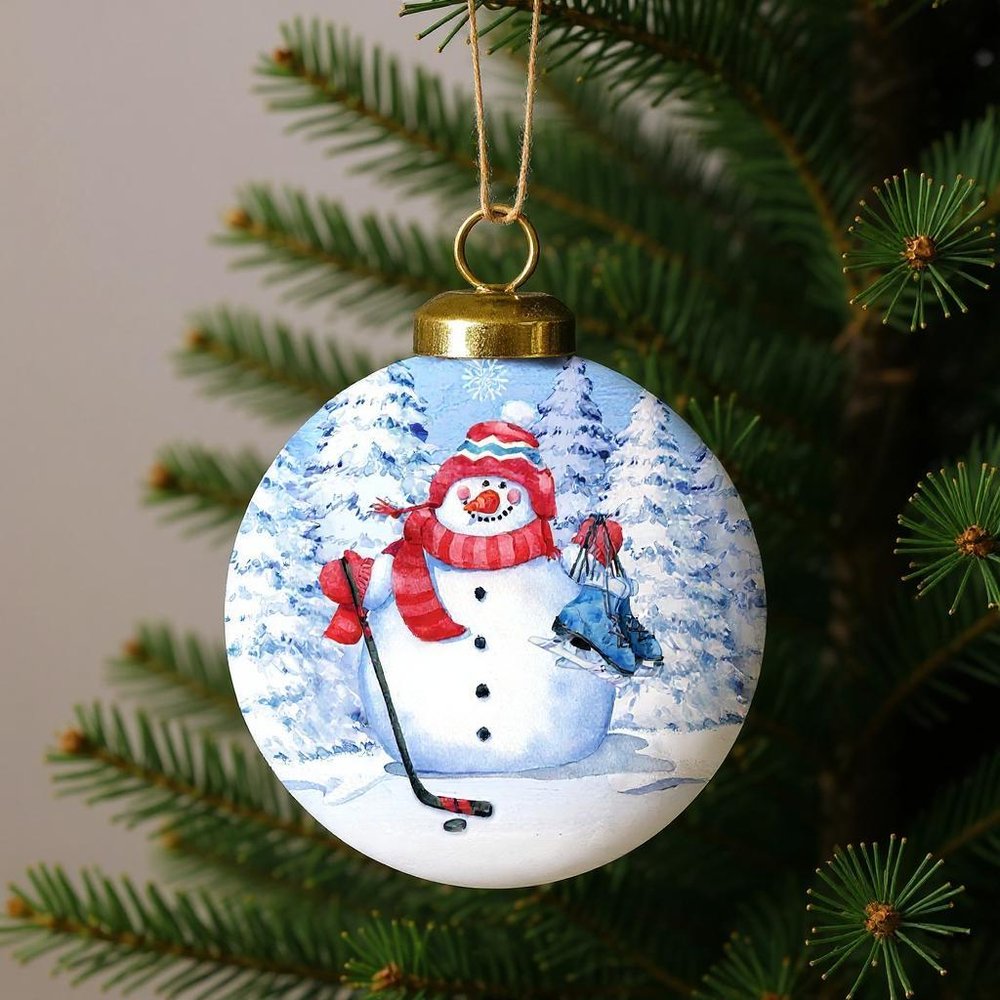 Hockey Snowman Hand Painted White Blue And Red Glass Ball Ornament