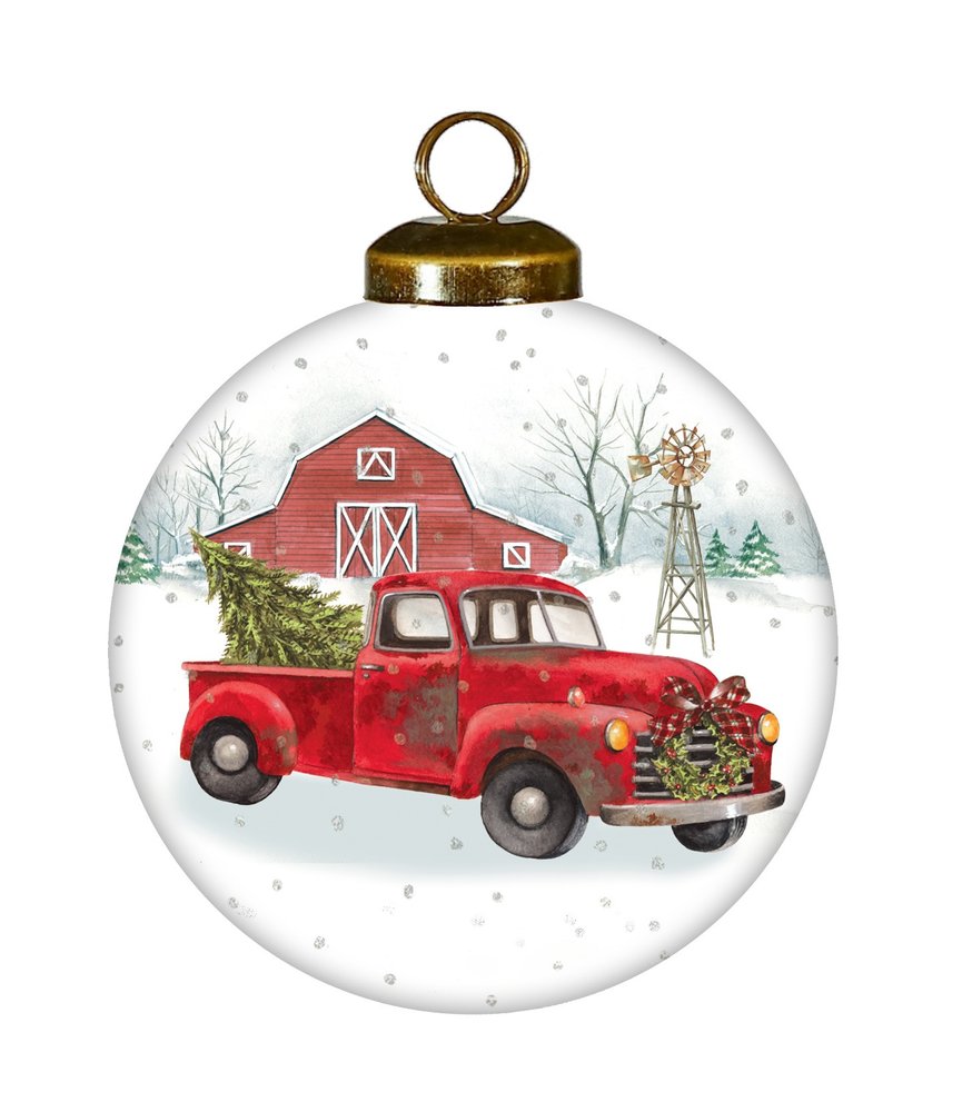Christmas on the Farm Red Truck Hand Painted Red And White Glass Ball Ornament