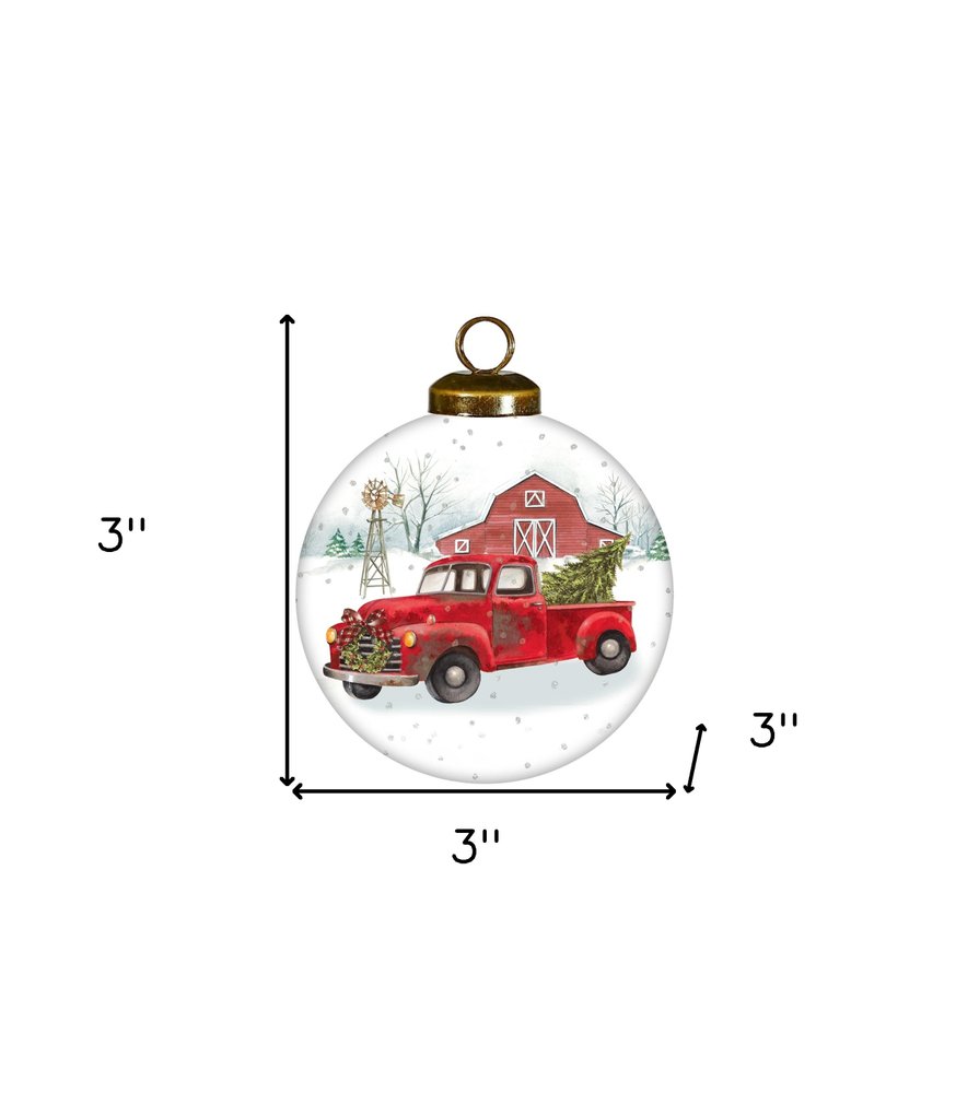 Christmas on the Farm Red Truck Hand Painted Red And White Glass Ball Ornament