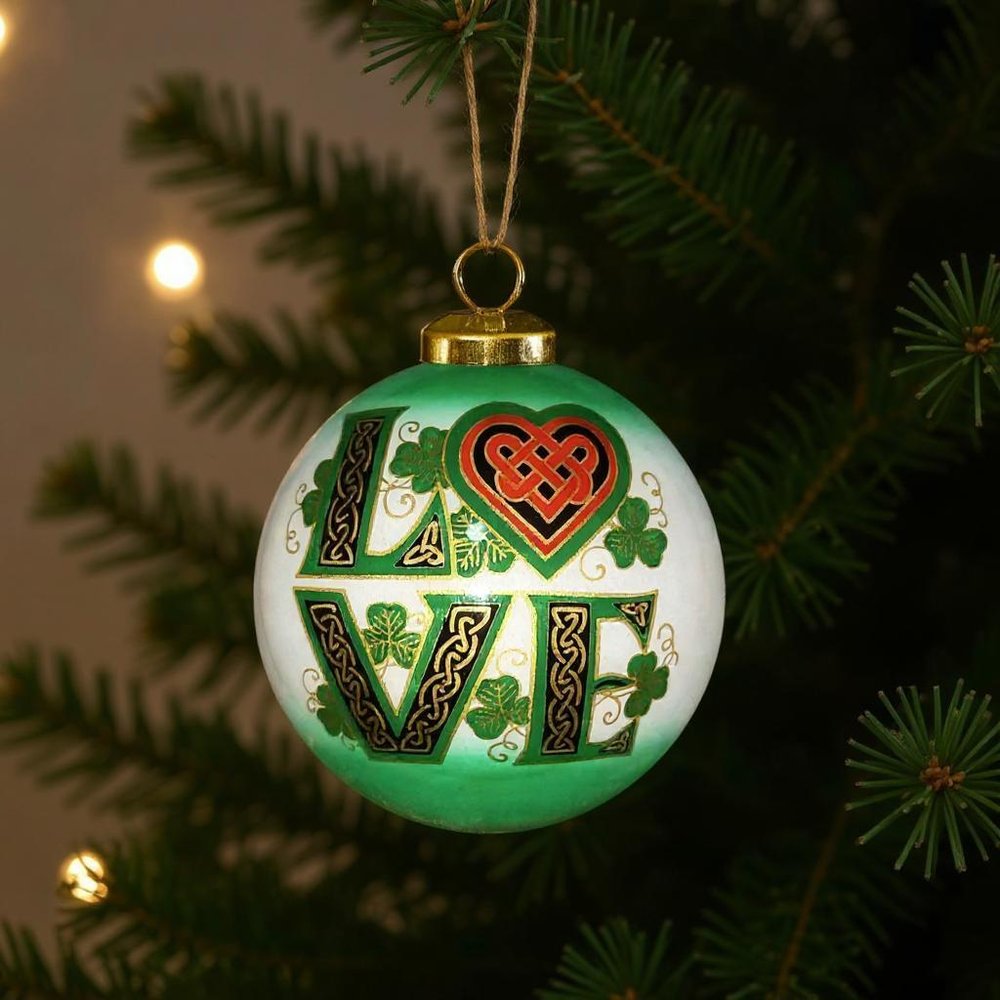 Love Irish Hand Painted Green White And Red Glass Ball Ornament