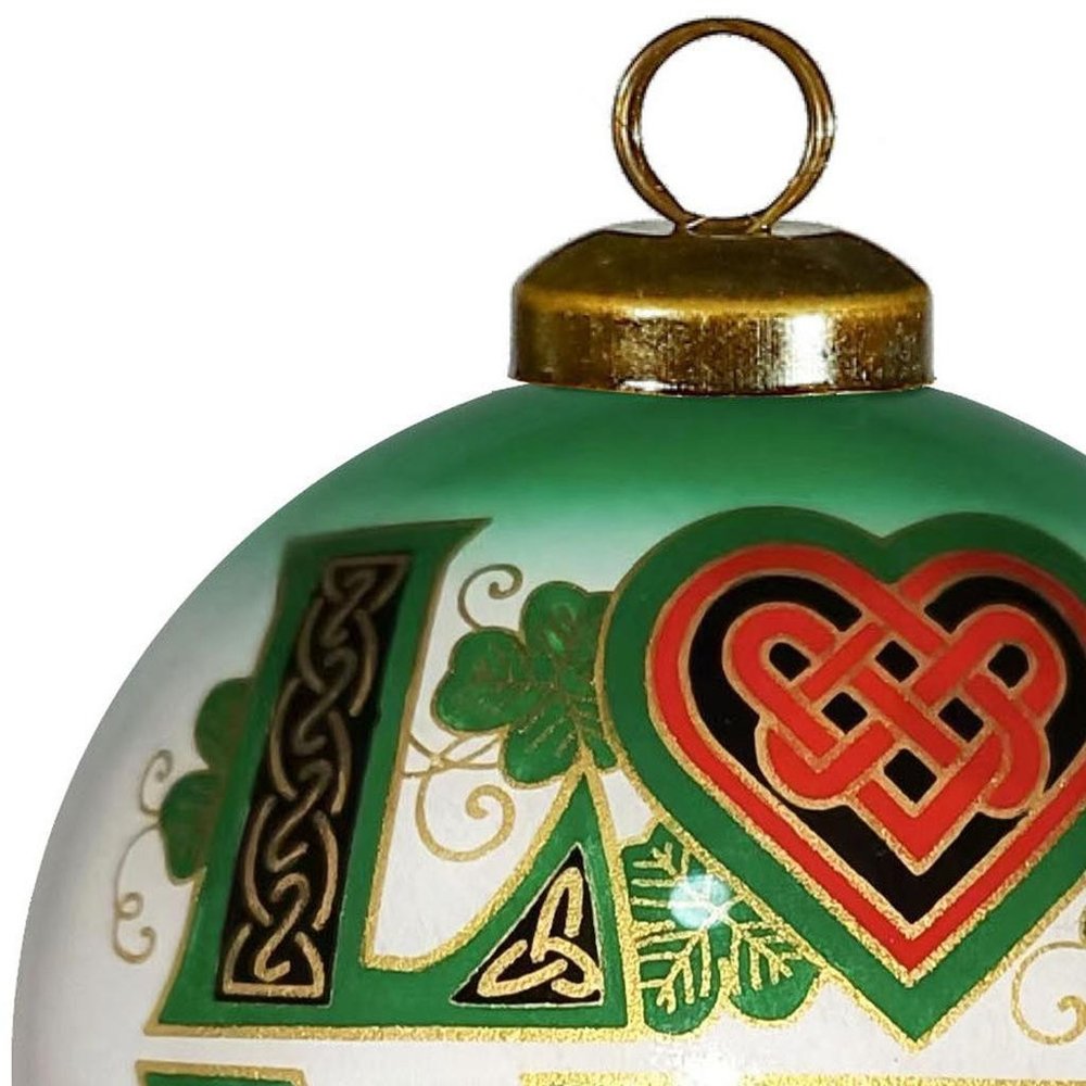 Love Irish Hand Painted Green White And Red Glass Ball Ornament
