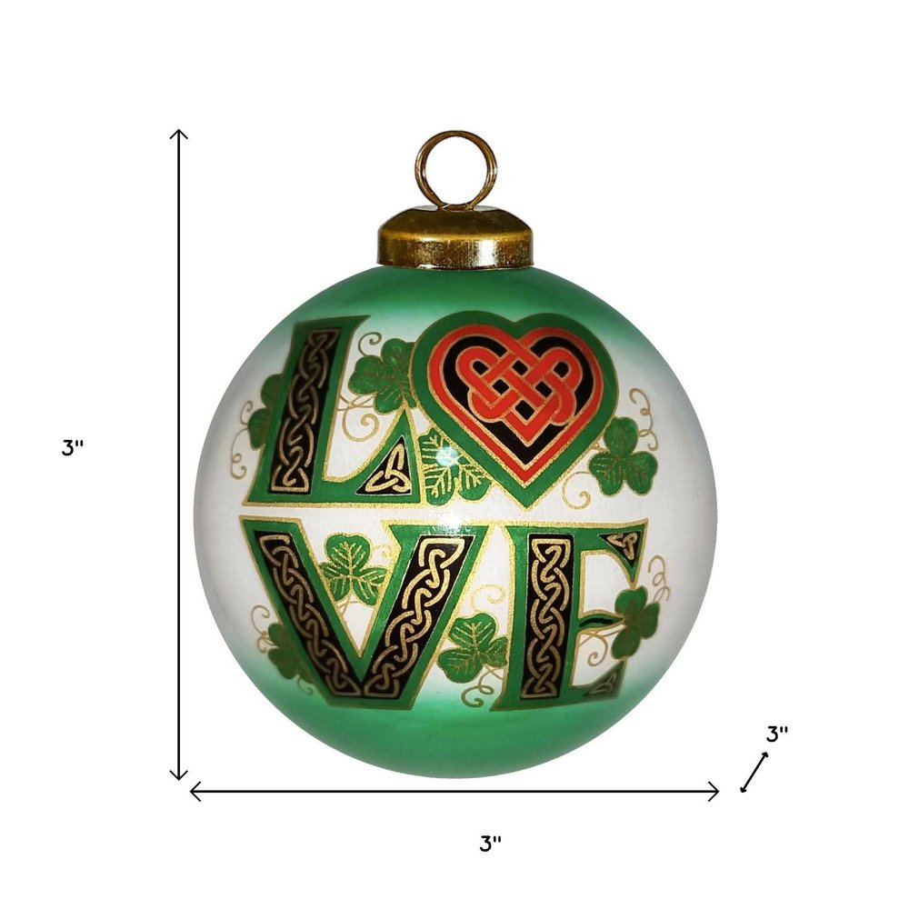 Love Irish Hand Painted Green White And Red Glass Ball Ornament