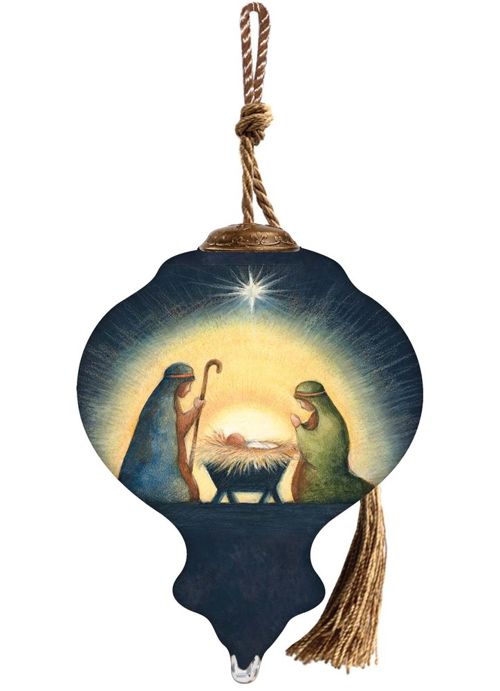 Joy to the World Hand Painted Blue And Brown Glass Finial Ornament