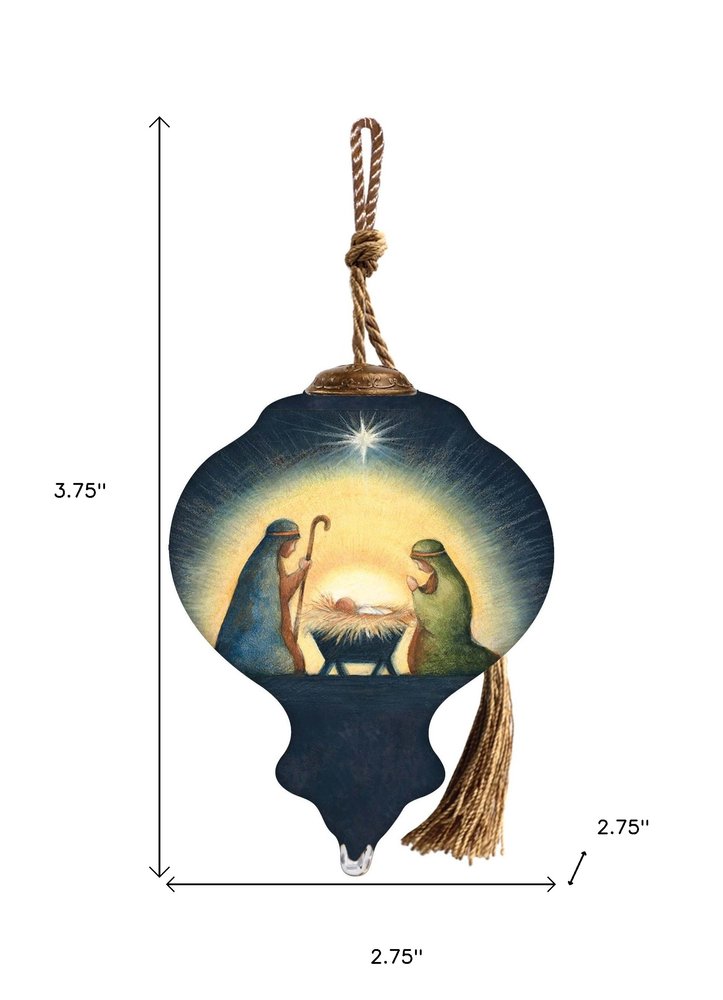 Joy to the World Hand Painted Blue And Brown Glass Finial Ornament