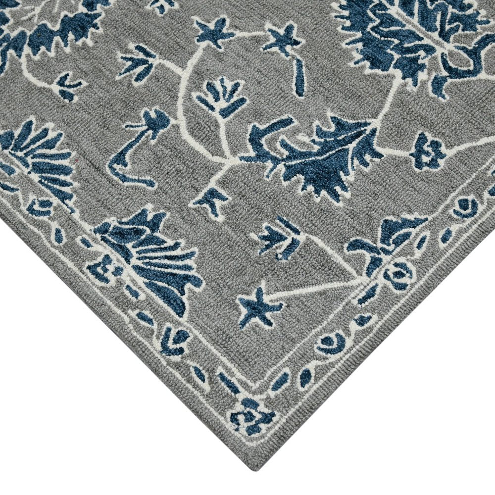 9' X 13' Gray Blue And Ivory Wool Floral Medallion Hand Hooked Area Rug