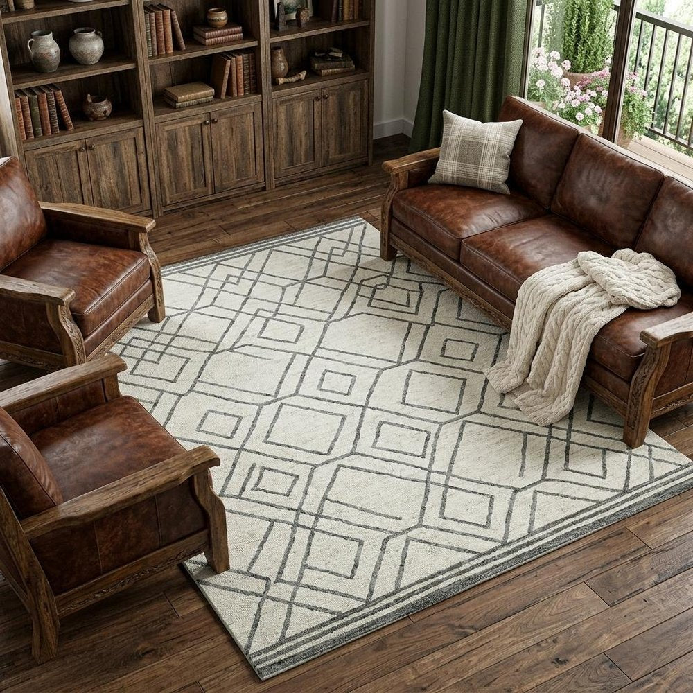 9' X 13' Ivory And Gray Wool Geometric Hand Hooked Area Rug