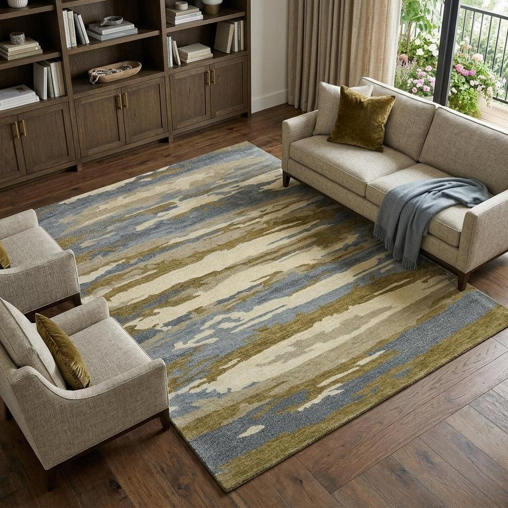 9' X 13' Light Blue Ivory And Brown Wool Abstract Hand Tufted Area Rug